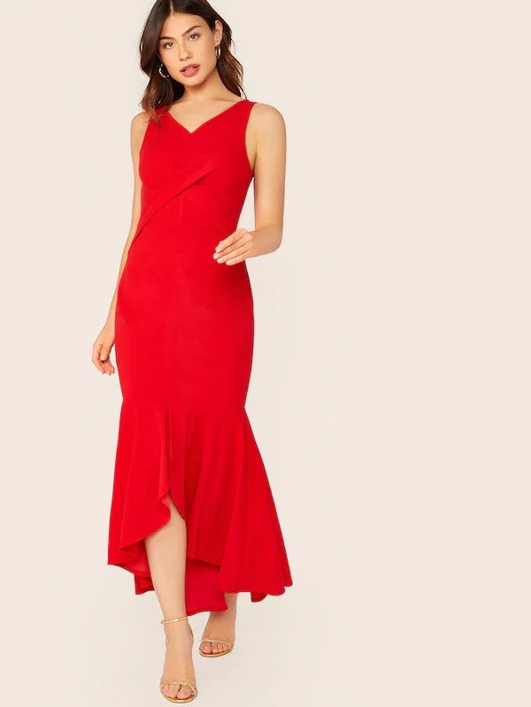 CM-DS715043 Women Elegant Seoul Style Crisscross Front Fishtail Hem Sleeveless Dress - Red
