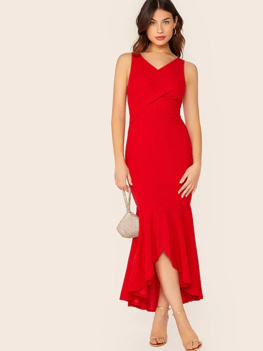 CM-DS715043 Women Elegant Seoul Style Crisscross Front Fishtail Hem Sleeveless Dress - Red