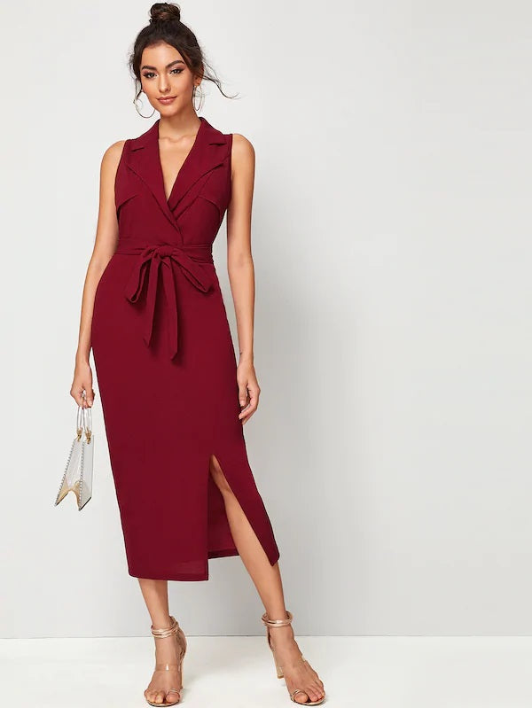 CM-DS722749 Women Casual Seoul Style Sleeveless Notch Collar Split Hem Wrap Belted Dress - Wine Red