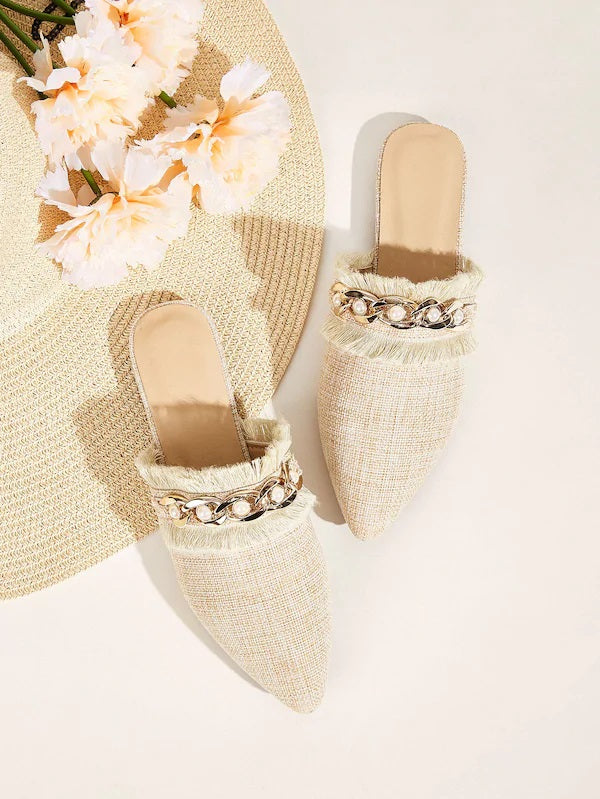 CM-SHS719919 Women Elegant Seoul Style Faux Pearl Chain Decor Flat Mules - Beige