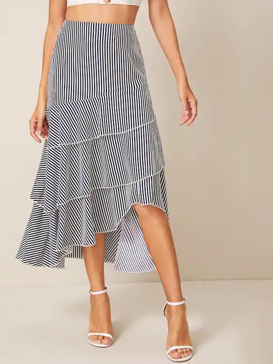 CM-BS724670 Women Casual Seoul Style Asymmetric Layered Ruffle Hem Stripe Skirt