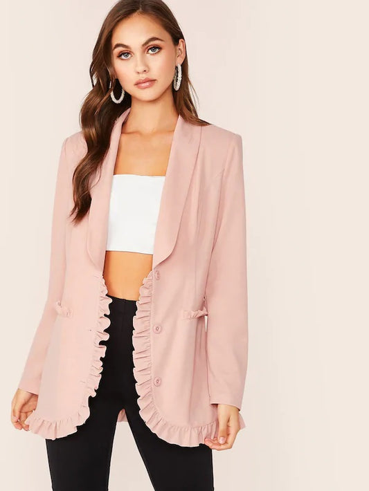 CM-CS712183 Women Elegant Seoul Style Shawl Long Sleeve Collar Frill Trim Button Front Blazer - Pink