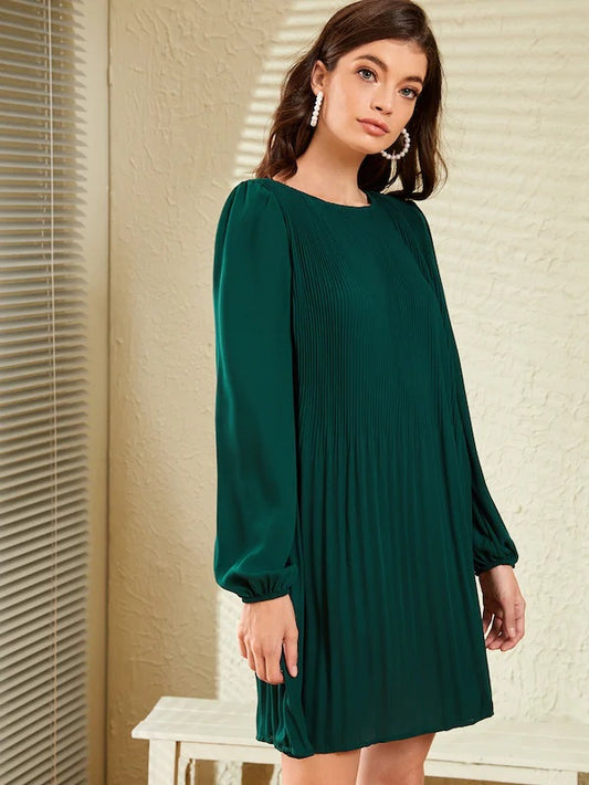 CM-DS704703 Women Casual Seoul Style Solid Tie Back Lantern Sleeve Pleated Dress - Green