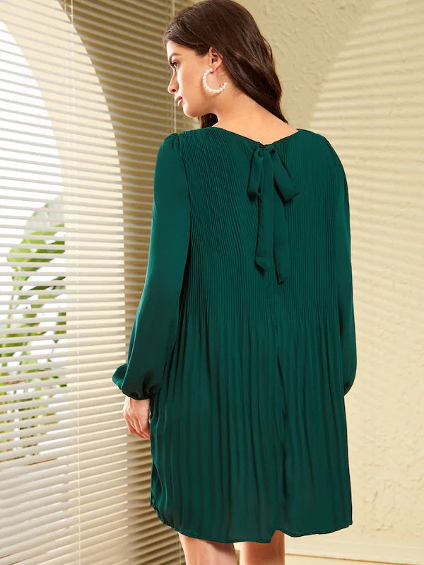CM-DS704703 Women Casual Seoul Style Solid Tie Back Lantern Sleeve Pleated Dress - Green
