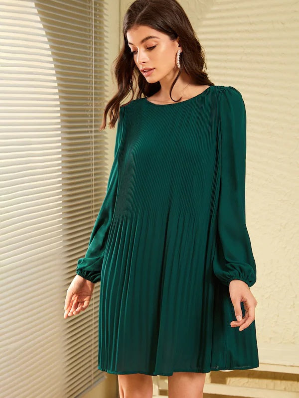 CM-DS704703 Women Casual Seoul Style Solid Tie Back Lantern Sleeve Pleated Dress - Green
