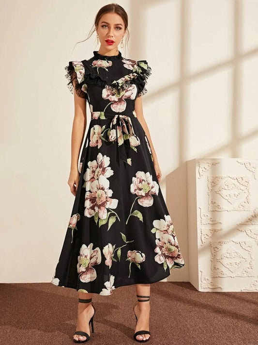CM-DS710561 Women Casual Seoul Style Mock Neck Ruffle Trim Mesh Insert Belted Floral Dress - Black