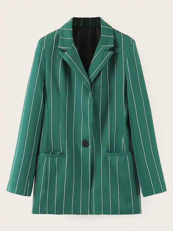 CM-CS725121 Women Elegant Seoul Style  Notched Striped Button And Pocket Detail Blazer - Green