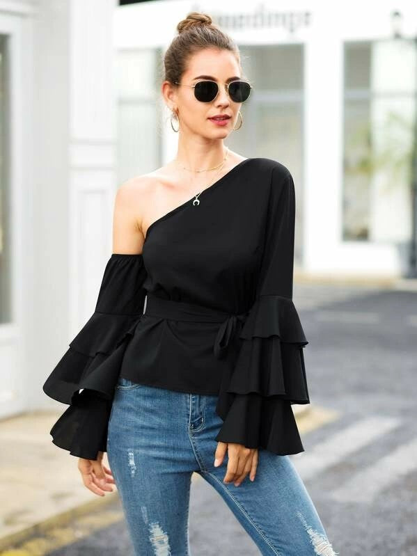 CM-TS725010 Women Casual Seoul Style Asymmetric Neck Layered Sleeve Belted Top - Black