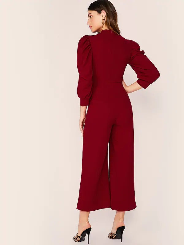 CM-JS708838 Women Elegant Seoul Style Mock-Neck Puff Sleeve Peekaboo Wide Leg Jumpsuit - Wine Red