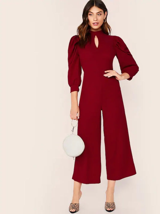 CM-JS708838 Women Elegant Seoul Style Mock-Neck Puff Sleeve Peekaboo Wide Leg Jumpsuit - Wine Red