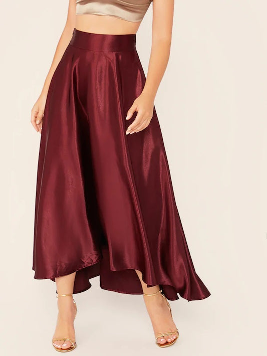 CM-BS717194 Women Casual Seoul Style High Waist Zipper Fly Fit & Flare Satin Skirt - Wine Red