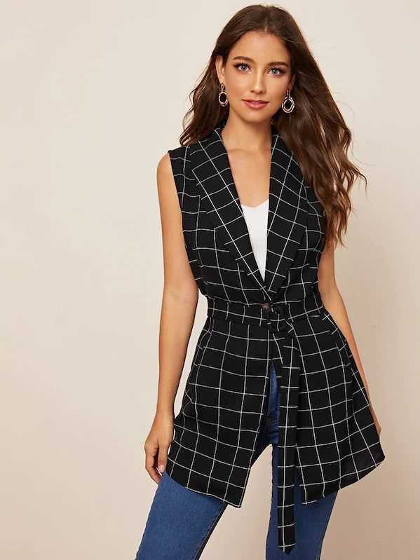 CM-CS729771 Women Casual Seoul Style Sleeveless Plaid Shawl Collar Belted Vest - Black