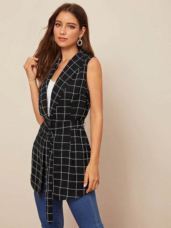 CM-CS729771 Women Casual Seoul Style Sleeveless Plaid Shawl Collar Belted Vest - Black