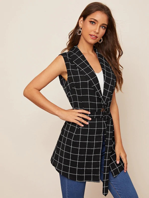 CM-CS729771 Women Casual Seoul Style Sleeveless Plaid Shawl Collar Belted Vest - Black