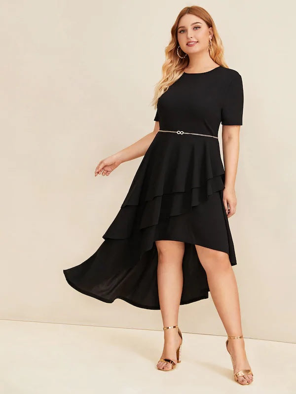 CM-DP628506 Plus Size Casual Seoul Style Asymmetrical Layered Ruffle Hem Dress - Black