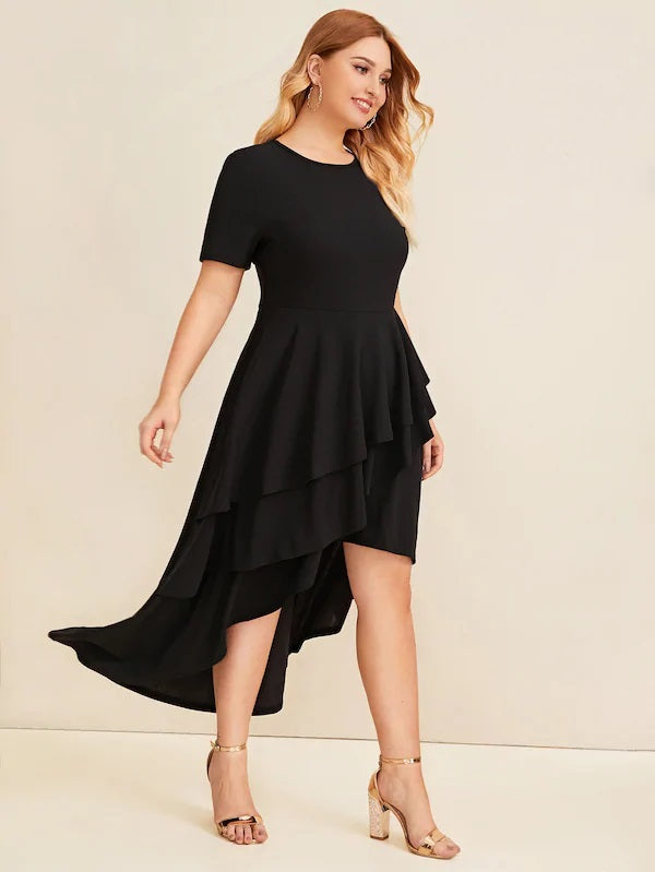 CM-DP628506 Plus Size Casual Seoul Style Asymmetrical Layered Ruffle Hem Dress - Black