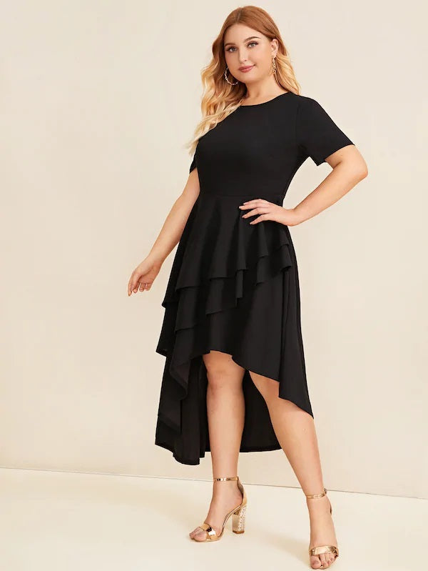 CM-DP628506 Plus Size Casual Seoul Style Asymmetrical Layered Ruffle Hem Dress - Black