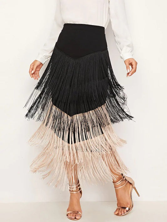 CM-BS708521 Women Elegant Seoul Style Two Tone Layered Fringe Detail Pencil Skirt - Black