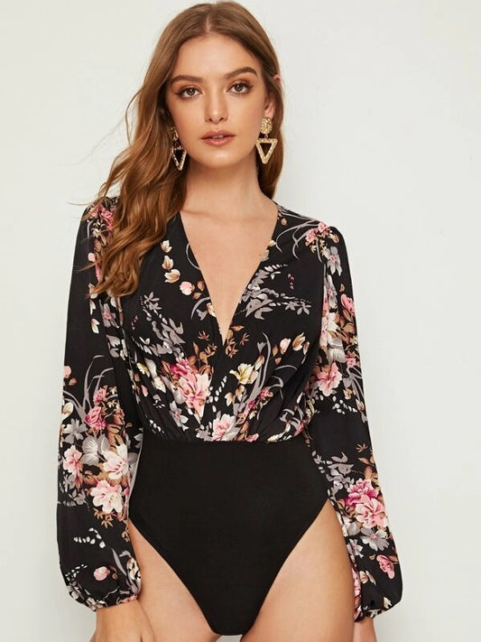 CM-TS725971 Women Casual Seoul Style Plunging Neck Lantern Sleeve Floral Print Combo Bodysuit