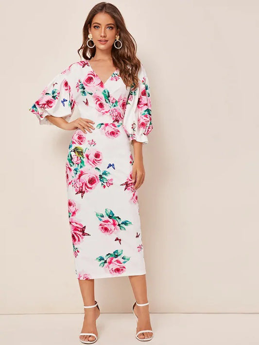 CM-DS730791 Women Elegant Seoul Style Surplice Neck Lantern Sleeve Split Hem Floral Dress - White