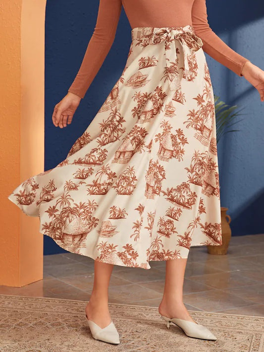 CM-BS604583 Women Casual Seoul Style Mid Waist Landscape Print Belted Fit And Flare Skirt - Beige