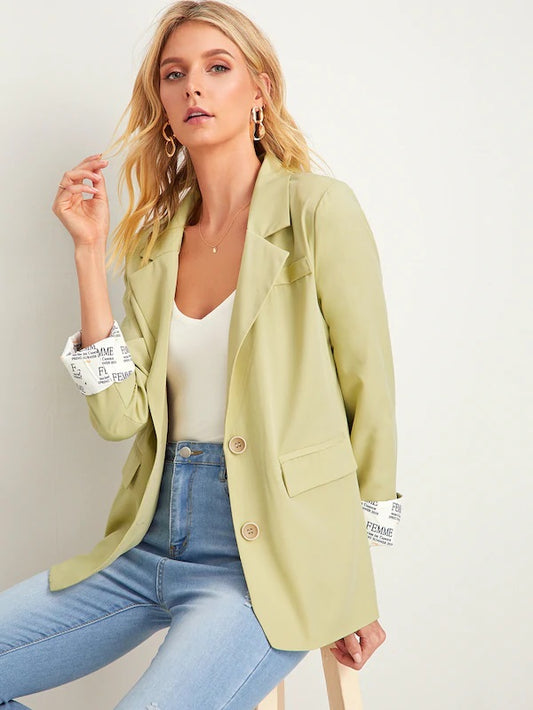 CM-CS731480 Women Elegant Seoul Style Long Sleeve Rolled Cuff Single Breasted Blazer - Green