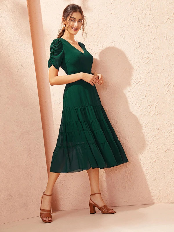 CM-DS801811 Women Casual Seoul Style Short Sleeve Ruched Sleeve Ruffle Hem Solid Dress - Green