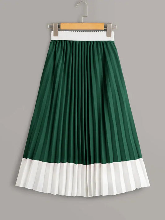 CM-BS802117 Women Casual Seoul Style Mid Waist Two Tone Pleated Midi Skirt - Green