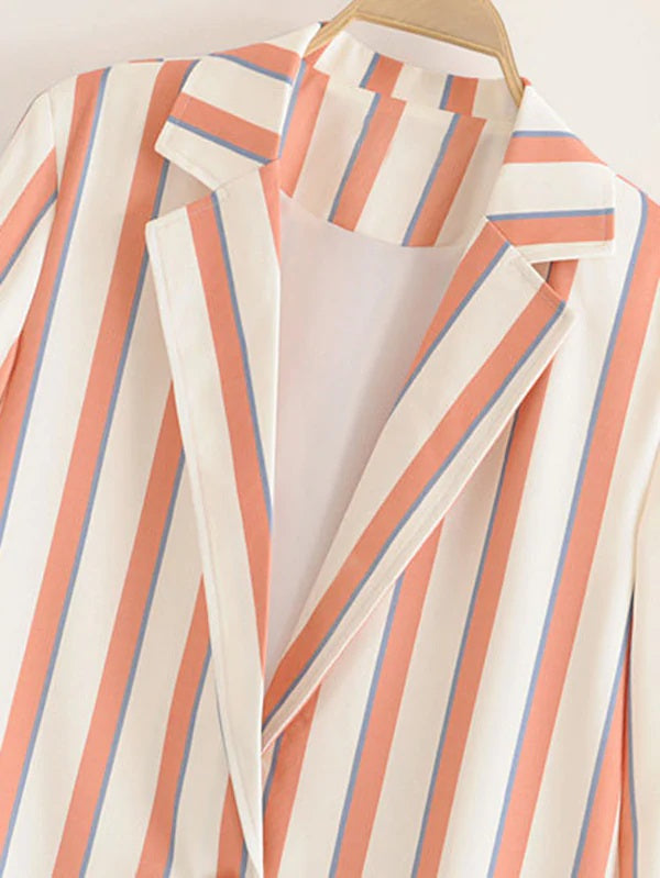 CM-CS802084 Women Trendy Seoul Style Dual Pocket Front Single Button Striped Blazer