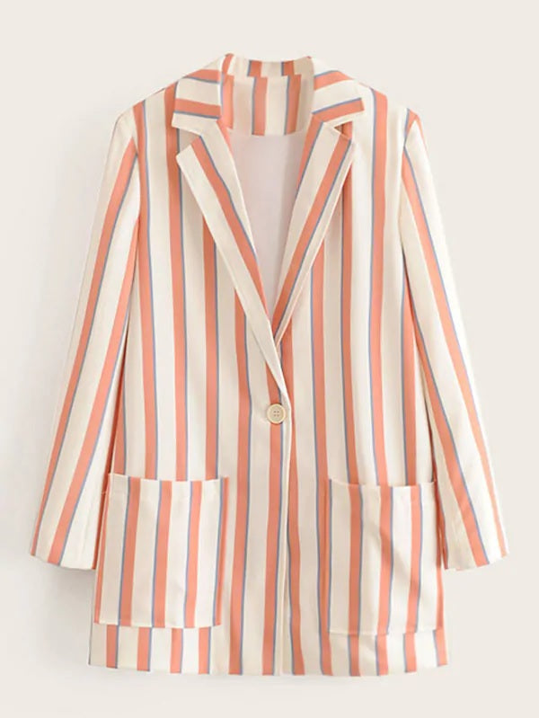 CM-CS802084 Women Trendy Seoul Style Dual Pocket Front Single Button Striped Blazer