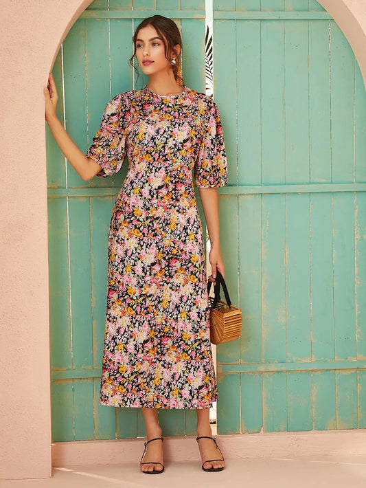 CM-DS805466 Women Trendy Seoul Style Half Sleeve Round Neck Floral Print Long Dress