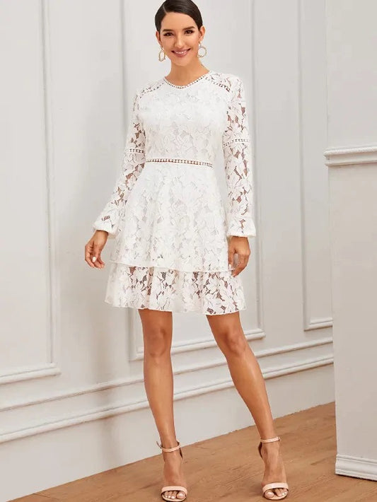 CM-DS724599 Women Elegant Seoul Style Long Sleeve Zip Back Layered Lace Short Dress - White