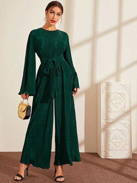 CM-JS708449 Women Elegant Seoul Style Bell Sleeve Pleated Lettuce Trim Belted Jumpsuit - Green