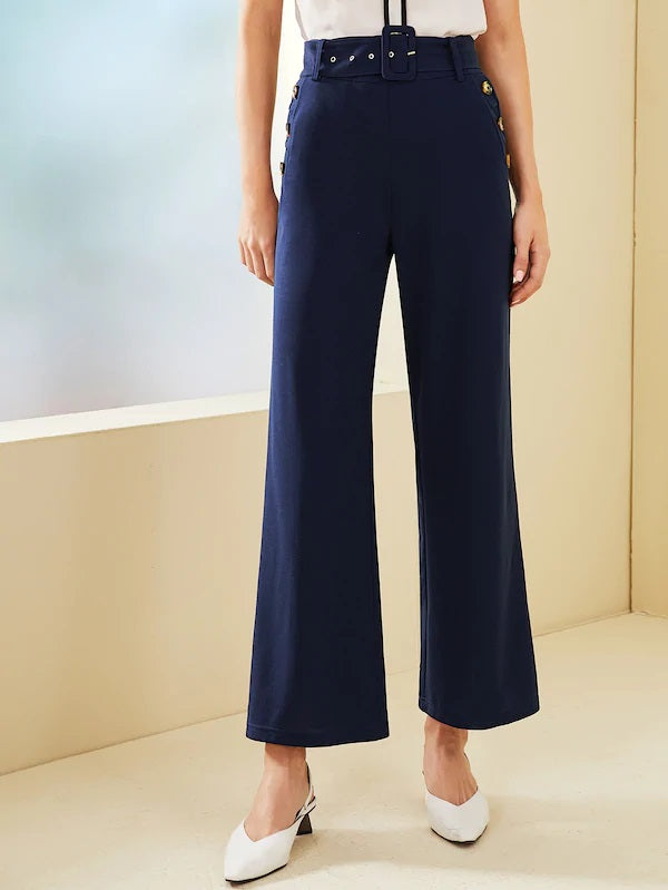 CM-BS719162 Women Casual Seoul Style Button Pocket Side Belted Flare Leg Pants - Navy Blue