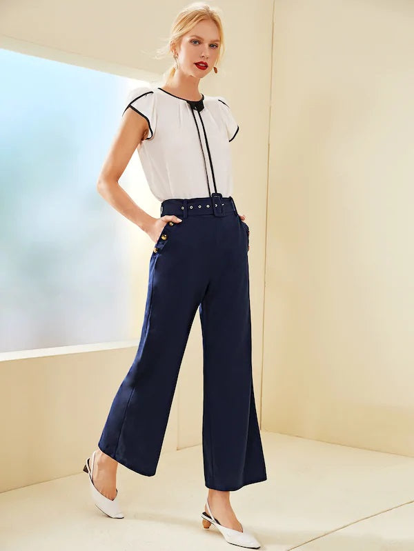 CM-BS719162 Women Casual Seoul Style Button Pocket Side Belted Flare Leg Pants - Navy Blue