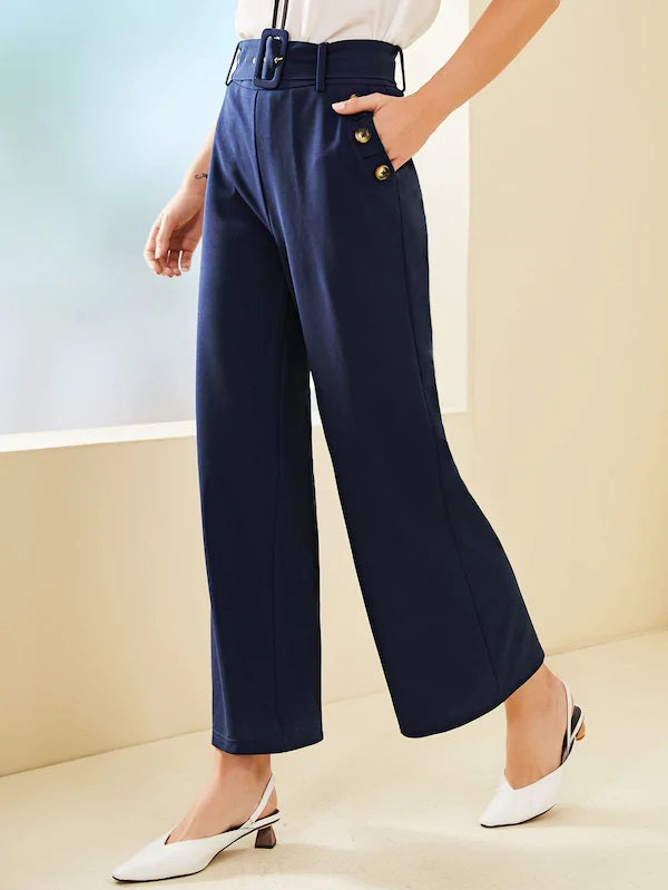 CM-BS719162 Women Casual Seoul Style Button Pocket Side Belted Flare Leg Pants - Navy Blue