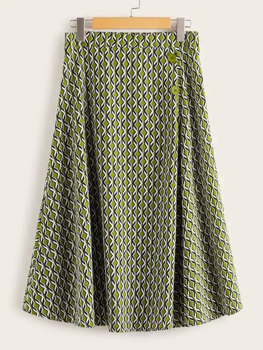 CM-BS723049 Women Casual Seoul Style High Waist  Zipper Fly Button Detail Flare Skirt - Green