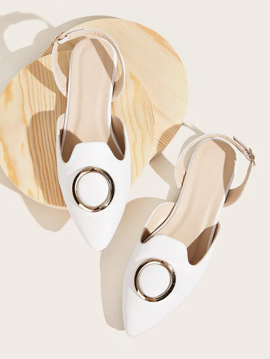 CM-SHS805540 Women Elegant Seoul Style Point Toe Metal Decor Slingback Flats - White