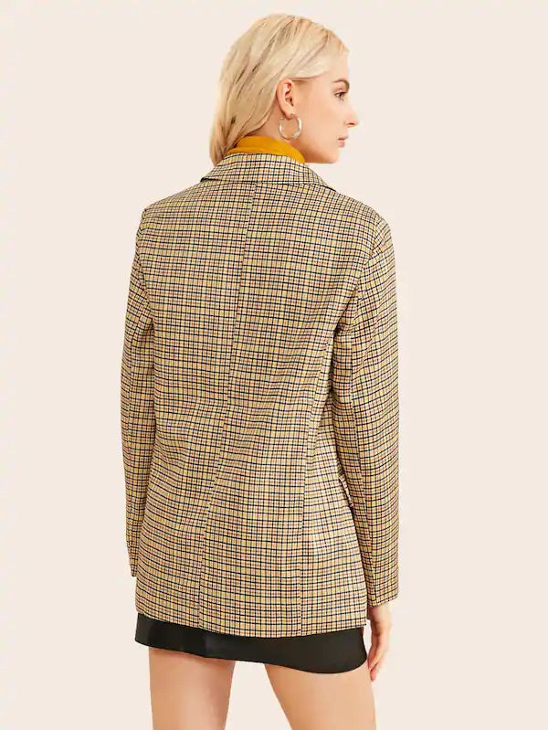 CM-CS806915 Women Elegant Seoul Style Long Sleeve Double Button Flap Pocket Plaid Blazer