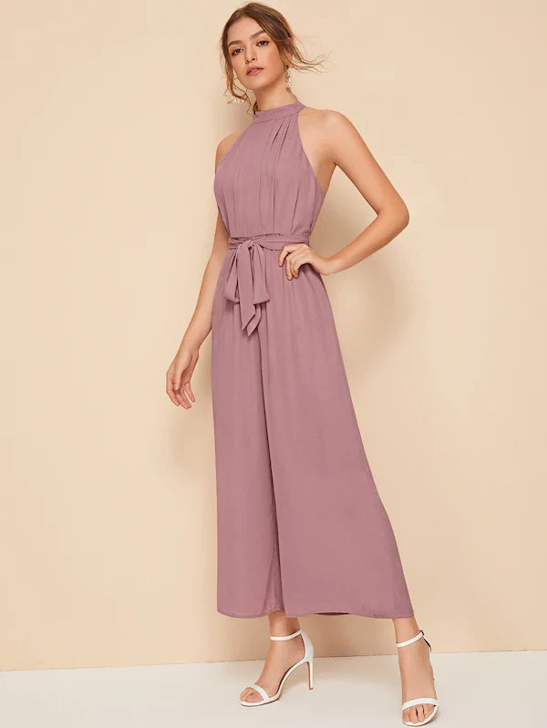 CM-JS710569 Women Casual Seoul Style Sleeveless Split Back Belted Halter Palazzo Jumpsuit - Pink