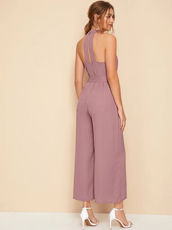 CM-JS710569 Women Casual Seoul Style Sleeveless Split Back Belted Halter Palazzo Jumpsuit - Pink