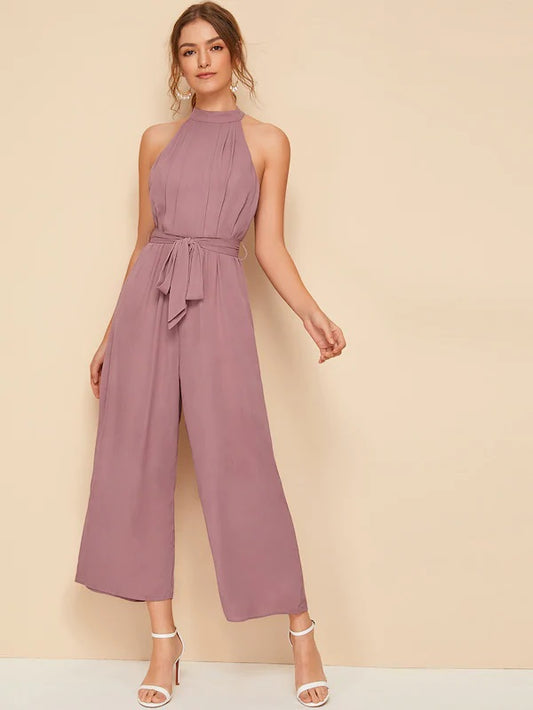 CM-JS710569 Women Casual Seoul Style Sleeveless Split Back Belted Halter Palazzo Jumpsuit - Pink