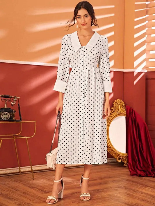 CM-DS806845 Women Casual Seoul Style Polka Dot Button Through High Waist Shirt Dress - White