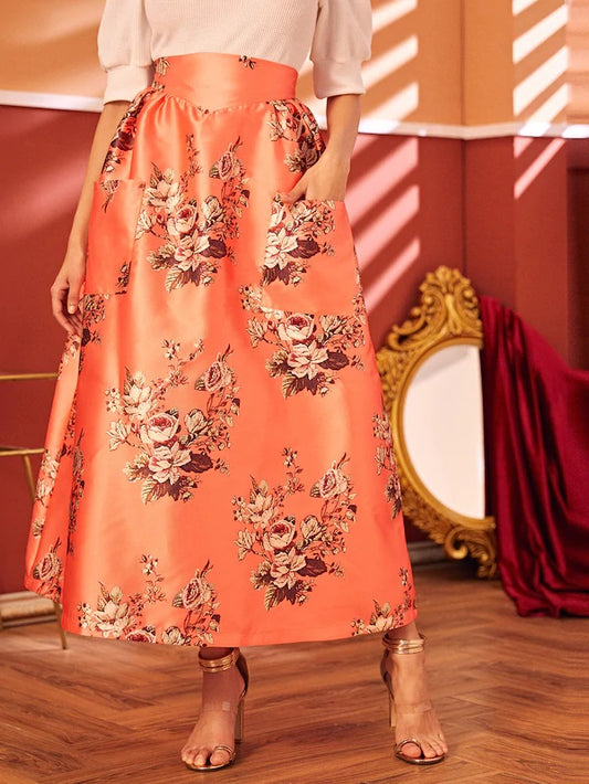 CM-BS806536 Women Elegant Seoul Style Floral Print Dual Pockets Maxi Skirt - Orange