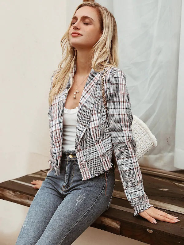 CM-CS806544 Women Elegant Seoul Style Plaid Raw Hem Double Breasted Tweed Blazer