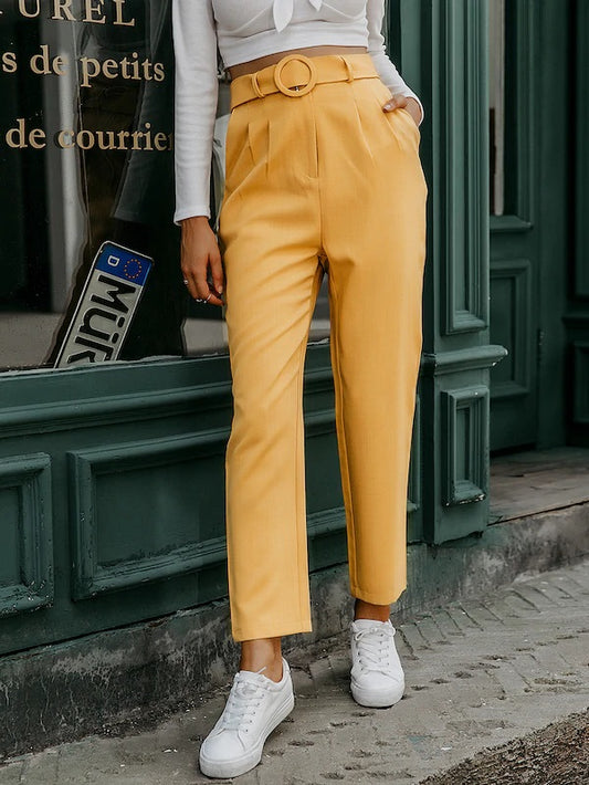 CM-BS806325 Women Elegant Seoul Style High Waist Belted O-Ring Slant Pocket Pants - Yellow