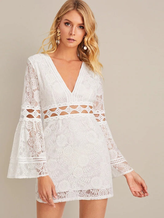 CM-DS807725 Women Elegant Seoul Style V-Neck Flounce Sleeve Lace Mini Dress - White