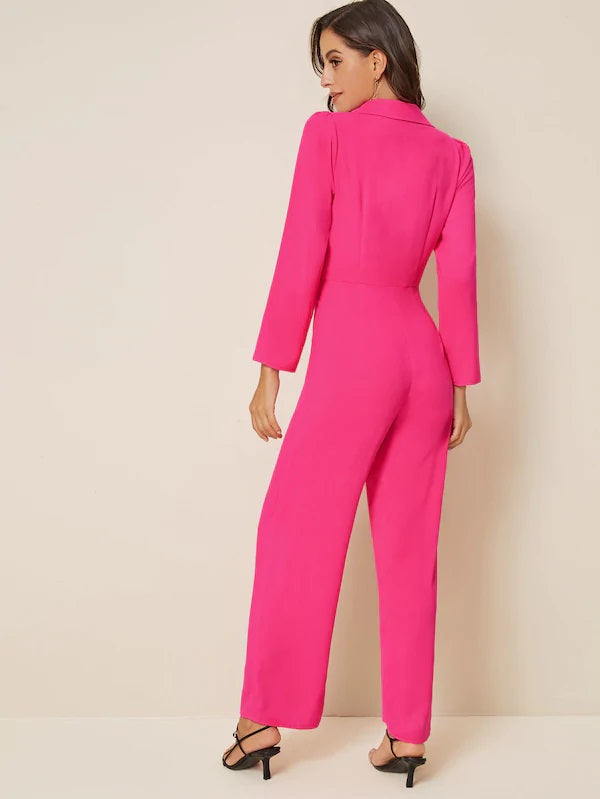 CM-JS730531 Women Elegant Seoul Style Long Sleeve Button Detail Blazer Jumpsuit - Pink