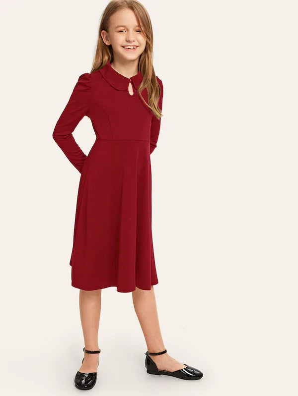 CM-KD723769 Girls Seoul Style Button Keyhole Front Puff Sleeve Dress - Wine Red