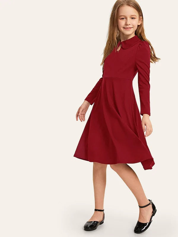 CM-KD723769 Girls Seoul Style Button Keyhole Front Puff Sleeve Dress - Wine Red